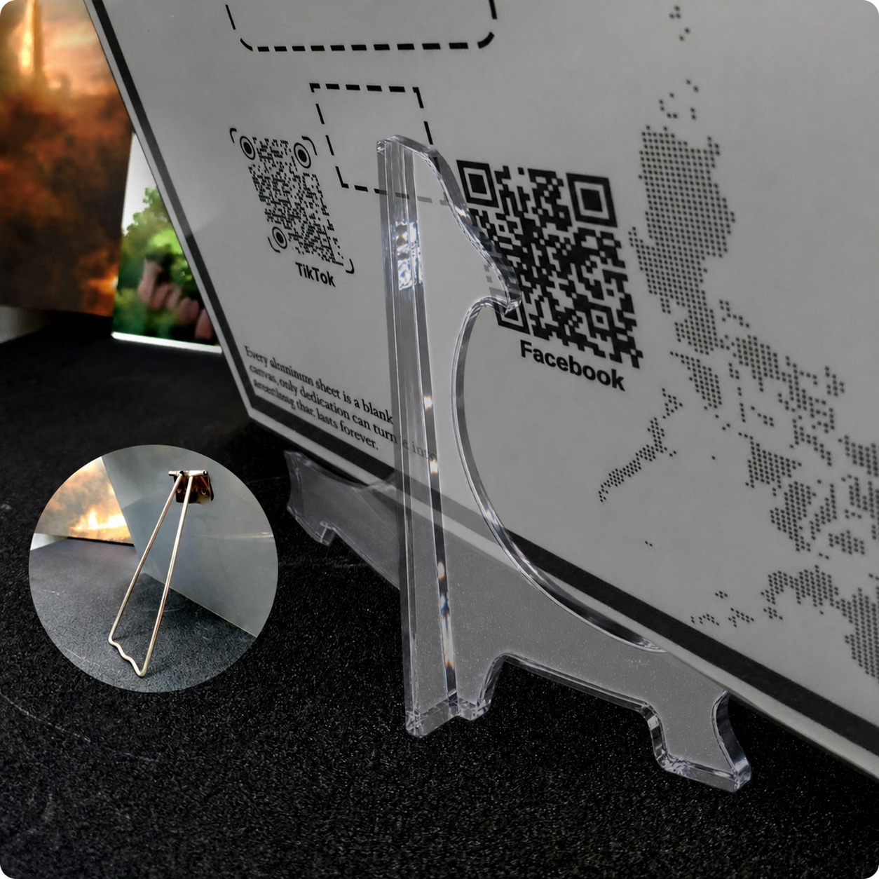 Close-up of the clear acrylic display stand