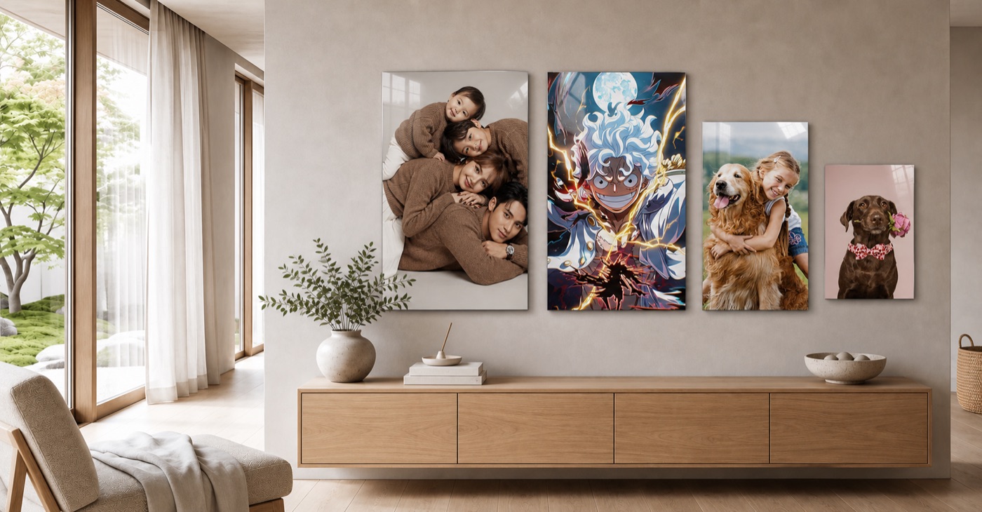 Four thin glossy Metalix prints showing family, fandom, and pet memories in a bright living room