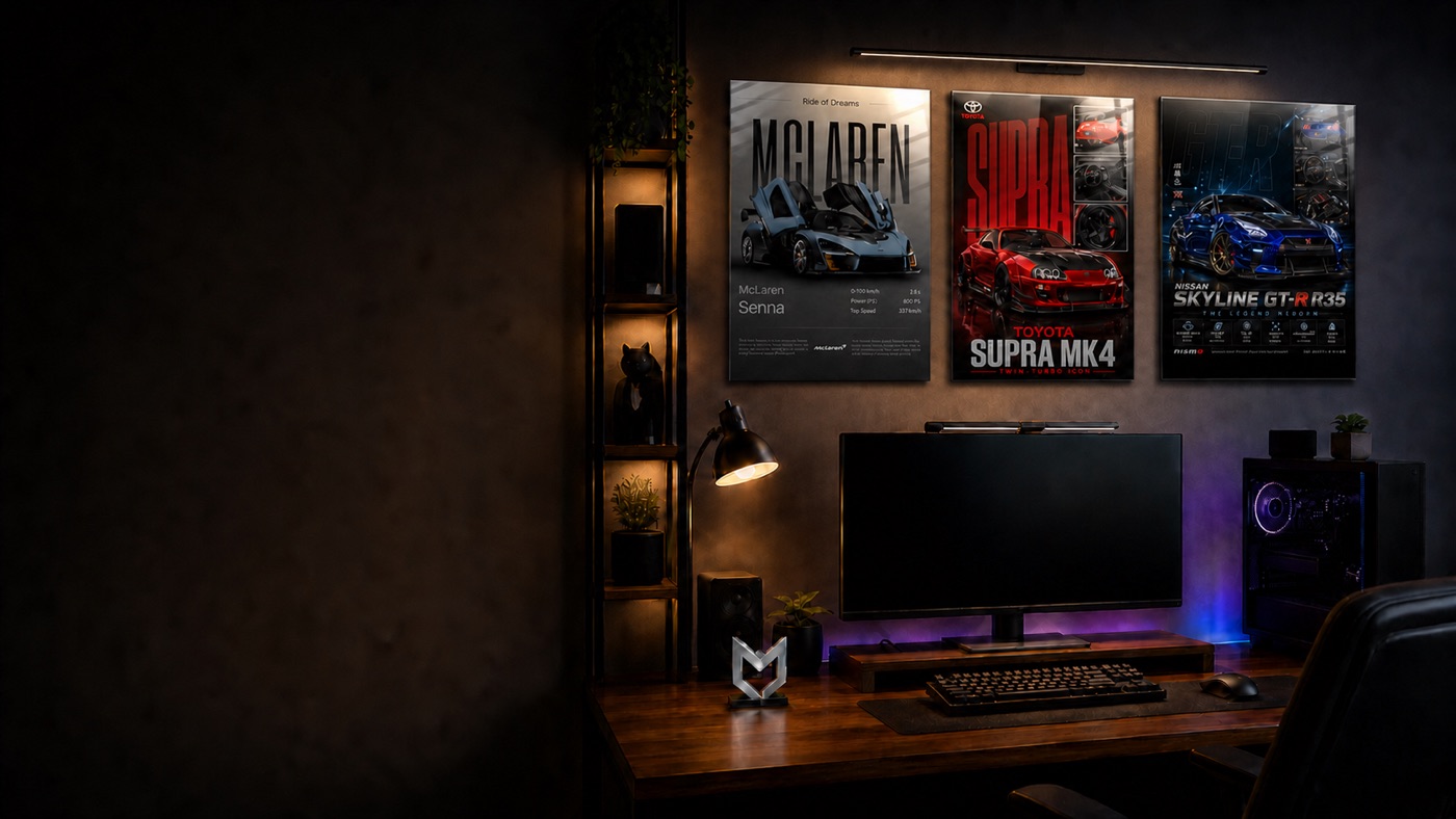 Three glossy car-art Metalix prints above a gaming desk