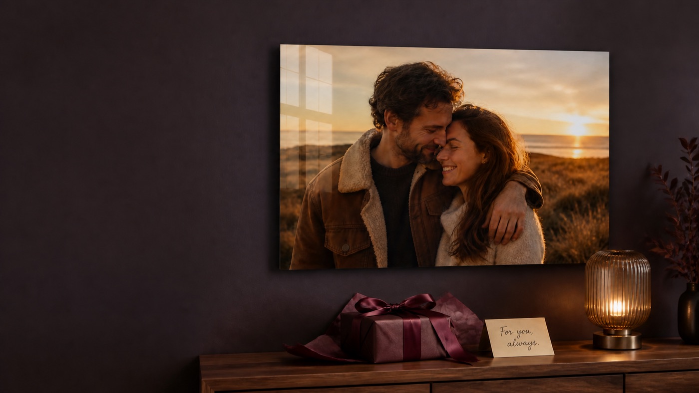 A glossy Metalix couple print displayed above a wrapped gift