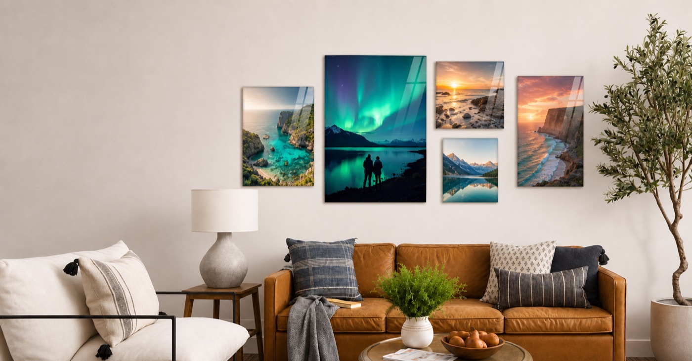 A bright living room with glossy Metalix landscape prints
